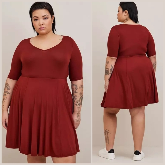 TORRID Short Sleeve Super Soft Knit Mini Skater V-neck Dress, Side Pockets - Picture 1 of 13